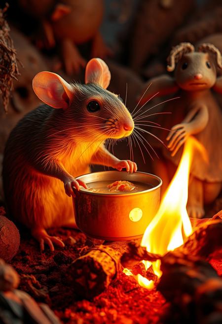 surreal VFX, nano-rat cooking chicken soup on a campfire seen under an electron scanning microscope, with details, vivid colors