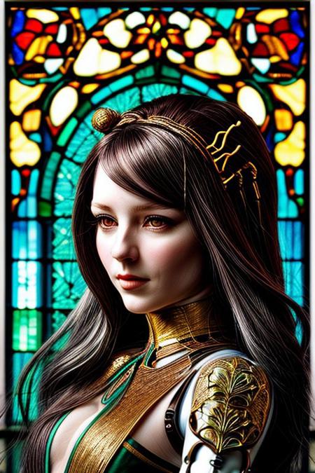 A humanoid AI represented in Art Nouveau style, with intricate, flowing lines and decorative patterns. She has a serene expression, her hair a cascade of metallic threads intertwined with floral motifs. Her body is partly robotic, with gold and pearl accents, seamlessly blending with organic forms. The background is a stained-glass-style design, featuring celestial and floral imagery. Art style: detailed, ornamental, and vintage-inspired."