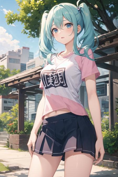 1girl, cowboy shot, standing, park, nature, twintails, t-shirt, skirt, short sleeves, outdoors