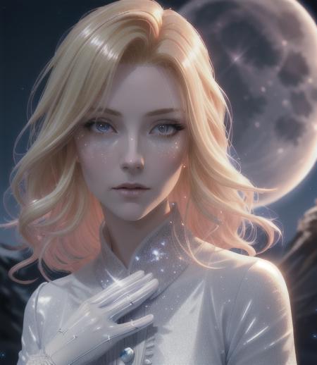 hair red gradient blonde, night sky, detailed face, face focus, shiny skin, game cg, nigh sky, moonlight, moon, white gloves, polish dress shirt glitter glass, Intricate Surface Detail, Crystal Core , Ethereal Fantasy, Realistic, Fiction, Full-HD, 8K Photo, HD,