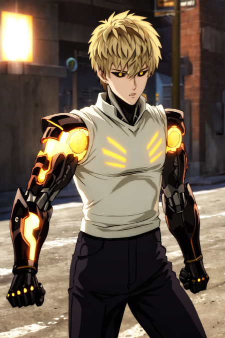 (masterpiece, best quality:1.4), colorful, high contrast, genos <lora:ironcatlora6GenosOne_v10:0.8>, white shirt, black pants, mechanical arms, glowing, fighting stance