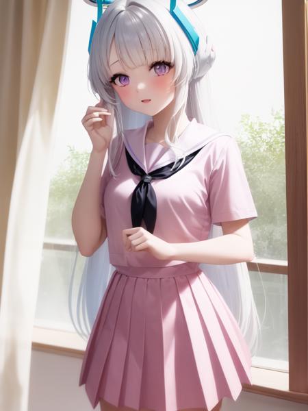 (pink serafuku:1.4), 1girl, solo, standing, (neckerchief:1.1), white hair, purple eyes, short sleeves, pleated skirt, (pink skirt:1.2), long skirt, indoors, very long hair, halo,