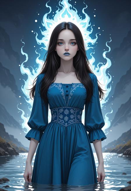 A solo Slavic Water Spirit. Dark hair. Pale skin. Blue eyes. Thin eyebrows. Small nose. Blue lips. Wears blue dress. Stands in water.
(1Slavic Water Spirit, blue dress)
((half body view)), (((cowboy_shot)))