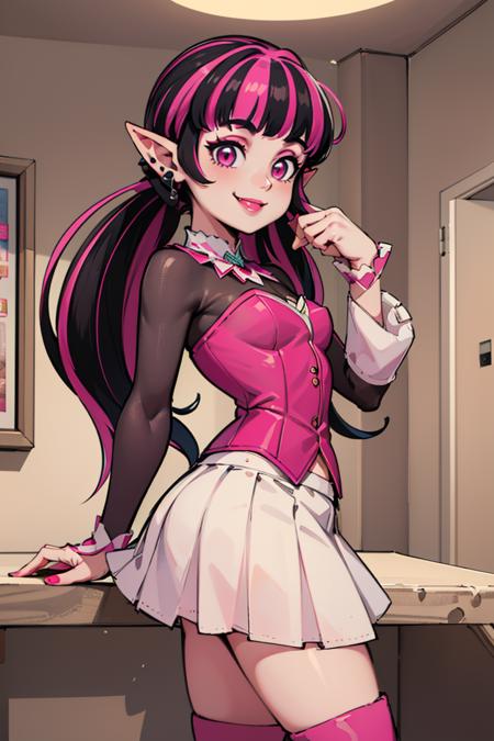 Draculaura_MH, solo, black hair, pink hair, multicolored hair, pointy ears, white skirt, pink knee boots, 