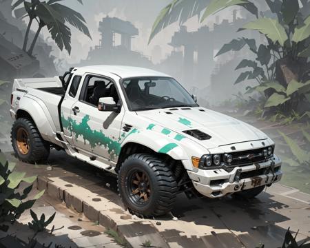 (masterpiece, best quality:1.1), ultra-detailed, (battlecar:1.1), vehicle focus, no humans, car, wheel, tire, debris, (pickup truck:1.05), oil slick, skid marks, dirty, tropical paintjob