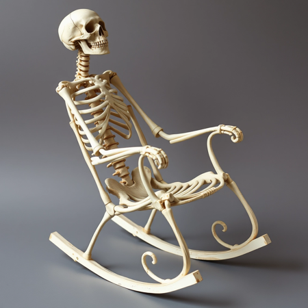 rocking chair made out of a skeleton, complete with the neck and head at the top,