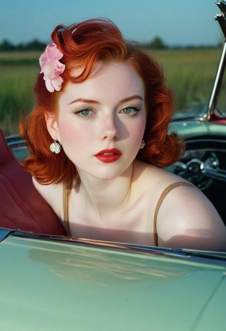 Red headed with pale skin girl sitting in a convertible 50’s car at a drive in. In the style of 50’s super panavision pro 70