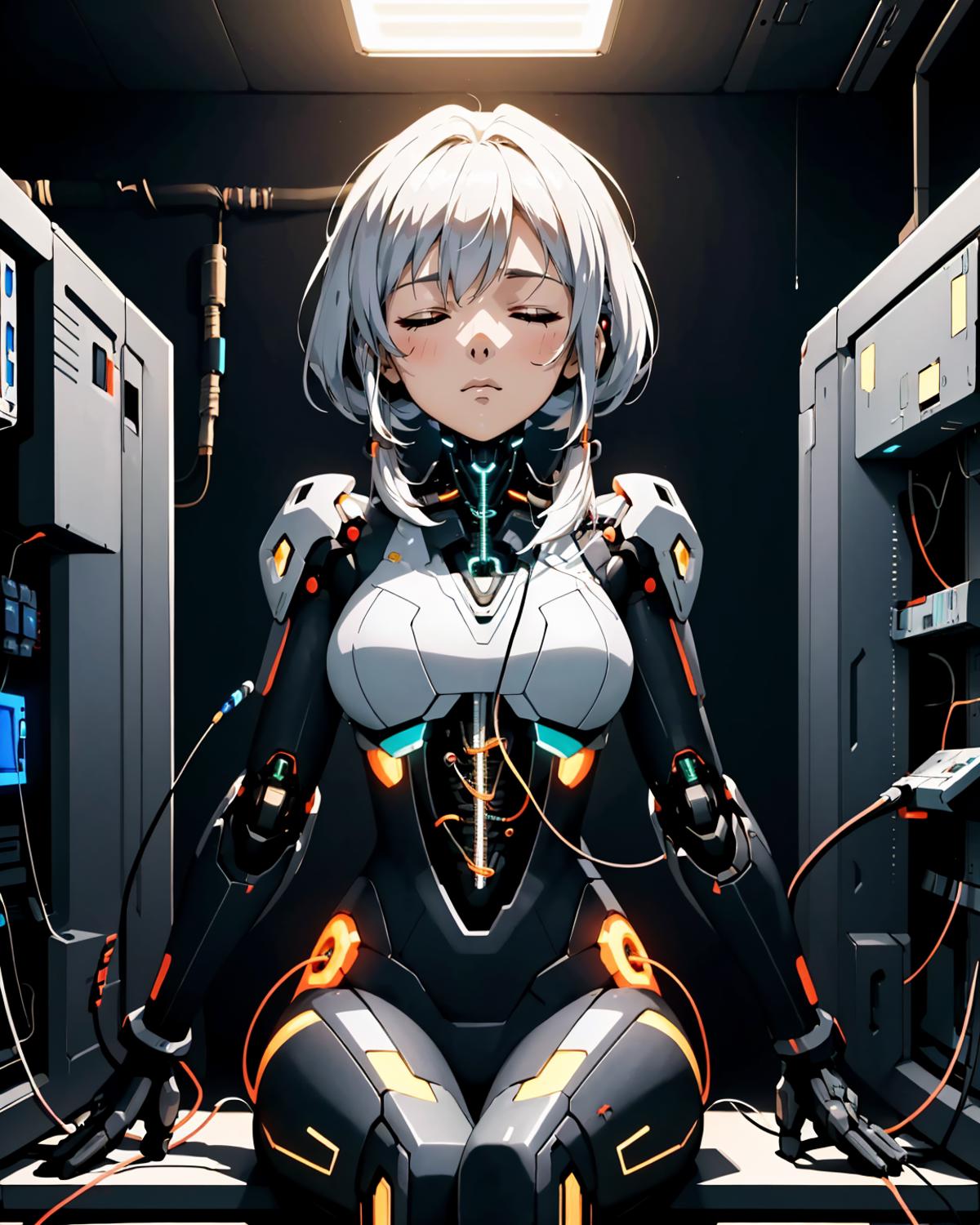 Anime-style robot girl with a plug in her ear, resting her head on her hand.