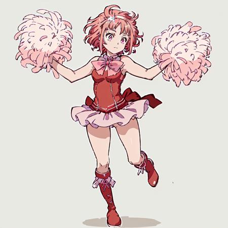 Noredo_Nug, 1girl, short hair, red dress, solo, short hair, hair ornament, pink hair, red boots, white bow, sleeveless, pink eyes, knee boots, cheerleader,forehead jewel,frill