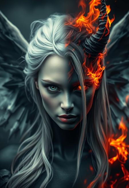 Misty Valley, a close-up of a mysterious female entity, one half of her body and face is beautiful, angelic appearance, blue eyes, white hair, the other half of her body and face is demonic, coal-black skin, red eye and hair are burning with fire, demonic horn, on her back are wings corresponding to each part of the body. Dark atmosphere, cinematic, masterpiece, clear focus.
Random background