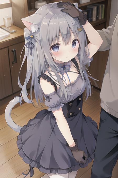 <lora:super-qianhuili-v1:1>,<lora:GoodHands-beta2:1> nice hands, perfect hands
solo, qianhuili, 1girl, cat ears, tail, cat tail, animal ears, 1boy, ribbon, blush, grey hair, cat girl, long hair, headpat, hand on another's head, pants, solo focus, hair ribbon, shirt, tail ornament, dress, wooden floor, gloves, detached collar, blue eyes