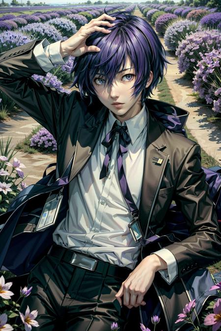 (masterpiece, best quality:1.3) 
<lora:epi_noiseoffset2:1> <lora:add_detail:0.7> <lora:Persona3MakotoYuki:0.8>
Persona3MakotoYuki, 1boy, solo,  lavender field, midday, bright and vibrant with a sea of purple blooms