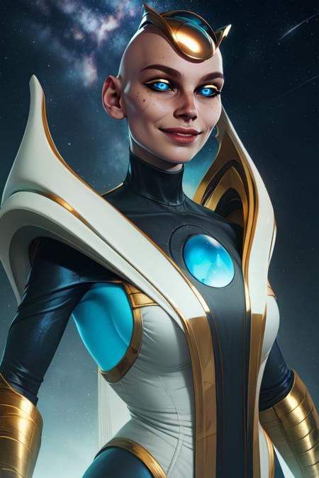 Kronika,solo,blue eyes,black sclera, bald,  gold cap, 
robes, 
standing, upper body,  smug, smile,         
abyss, giant hourglass,  milky way, 
(insanely detailed, beautiful detailed face, masterpiece, best quality) cinematic lighting,   <lora:Kronika:0.8>