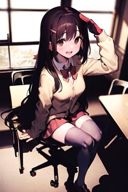 kuromatsumi, 1girl, brown eyes, very long brown hair, shirt, ribbon, cream color cardigan, red skirt,plain black thighhighs, loafers, open mouth,looking at viewer, <lora:kuro:1>