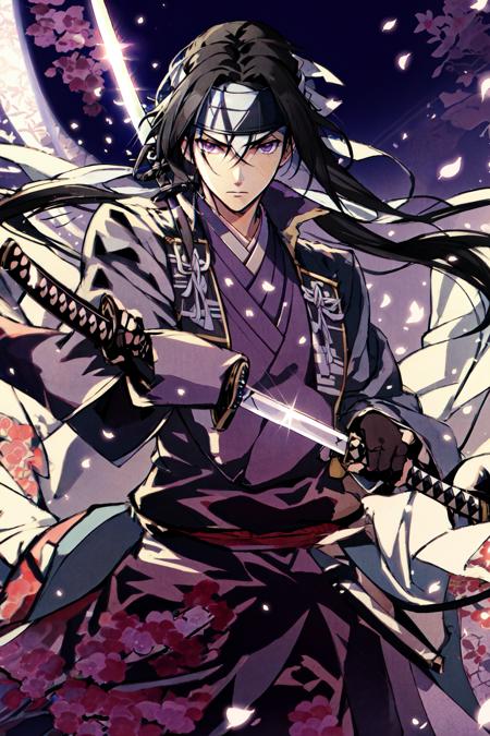 Hijikata Toshizou,  armor,  black hair,  gloves,  headband,  japanese clothes,  katana,  long hair,  purple eyes,  sword,  weapon, <lora:EMS-46732-EMS:1.000000>