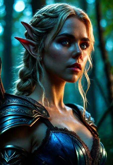 High resolution of ultra-realistic Beautiful Elf Warrior girl, ultra-realistic body, perfect athletic body, Attractive Elf girl, artgem, WLOP, sitting spread-legged on a stump in a dark forest, beautiful Kiernan Shipka as Elf Warrior girl, night of the full moon, realistic elven leather armour, pointed elf ears, defiant and seductive, covered in dirty and blood, cinematic colors Lighting, extremely detailed, 8K, wavy blonde hair, realistic dirty pale face, realistic blue eyes, beautiful Elf girl on in dark fantasy cool outfit, hyper-detailed, hyper-realistic, Attractive 21 old years Elf woman, Attractive, beautiful firm Breasts, wet and sweaty skin, Dark fantasy style, Dark fantasy atmosphere, sharp focus, digital painting, Photograph Taken on Nikon D750, Alphonse Mucha, 8K, athletic figure, Hyperdetailed, hyperrealism, attractive woman, beautiful woman of athletic body, Attractive bust girl, asymmetric balance