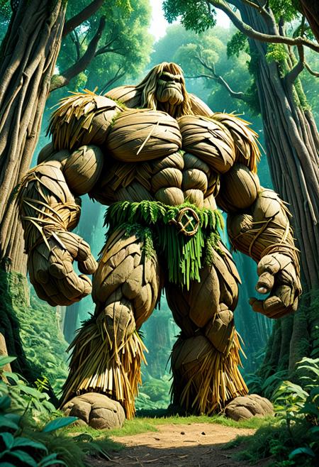 score_9,score_8_up,score_7_up, The image depicts a towering, muscular golem, seemingly composed of straw, entirely made of straw, standing majestically amidst a lush, verdant forest. Its form is robust and imposing, with broad shoulders and powerful limbs, intricately detailed with organic-like straw textures. the view emphasizing the grandeur of the forest guardian. The surrounding environment is in natural light, filtering through the dense canopy, creating a mystical and fantastical atmosphere.  <lora:1:1>