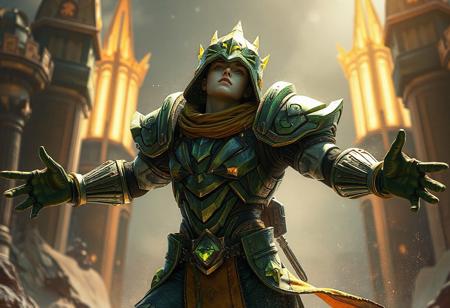Stardust Assault Warrior, dynamic action pose, Salamangreat Sanctuary, green armor, outstretched arms, head tilted, lifelike details, super detailed face, captivating lighting, splash ink illustration, Unreal Engine 5, Raphael style, trending on Artstation, CGSociety, golden ratio, octane render, 4k, high-res, contemporary aesthetics, beautiful matte painting, impeccable composition.