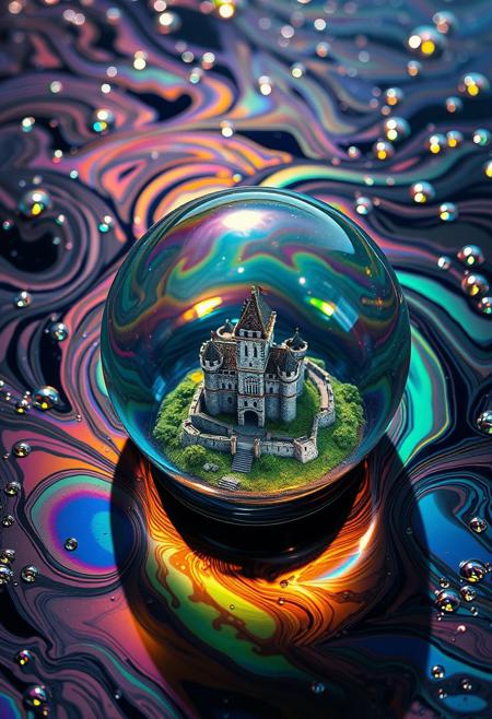 A mesmerizing dance of oil and water, creating intricate, iridescent patterns across the surface. At the heart of the oil slick, a translucent orb shimmers, revealing a miniature castle nestled within, as if glimpsed through a portal to another dimension. Macro perspective, Ultra-detailed, Hyperrealistic, Vivid, iridescent colors swirling in the oil, Water droplets beading on the oil's surface, Castle within the orb meticulously detailed, Sunlight refracting through the oil, casting rainbows, The scene evokes wonder and curiosity. Perfectly spherical, Translucent with subtle distortions, Castle within is clear and in focus, Medieval style, Stone walls, towers, and a drawbridge, Lush green landscape surrounding it, A dark, reflective surface to contrast the colors, Hints of light sources reflecting in the oil, highest-Quality, 8 k, intricate details, visually stunning, Masterpiece