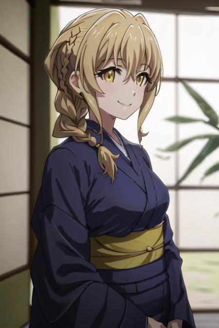 best quality, masterpiece, highres, solo, {yukata:1.40}, {kimono:1.20}, {guild_girl_goblinslayer:1.15}, blonde_hair, braid, yellow_eyes, long_hair, ascot, hair_between_eyes, smile, anime_coloring