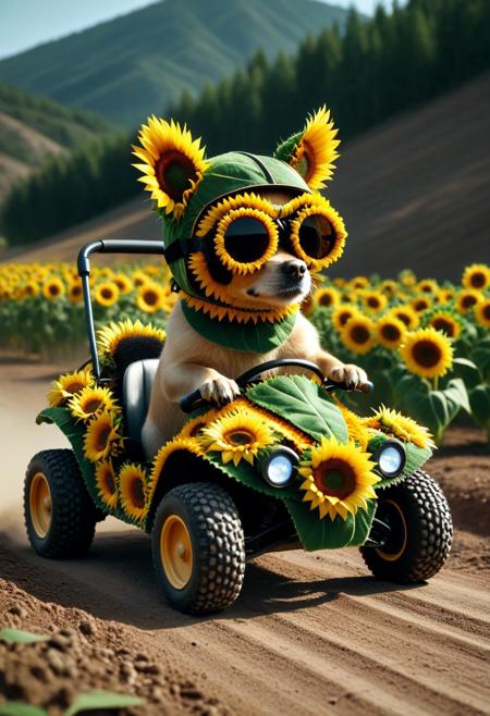 Made of Sunflowers, from side, closeup cute small 4WD buggy Made of Sunflowers, chihuahua driving, (wear round goggles:1.2), wear animal ears helmet Made of Sunflowers, run through on mountain dirt road, Dust, cinematic, cinematic lighting, (masterpiece, best quality:1.4), ultra-high res, 4k, Photorealistic, insanely detailed, sfw,