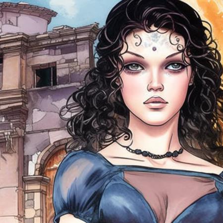 closeup pportrait of a cute girl, standing next to the ruins of an ancient city, art by milomanara-768