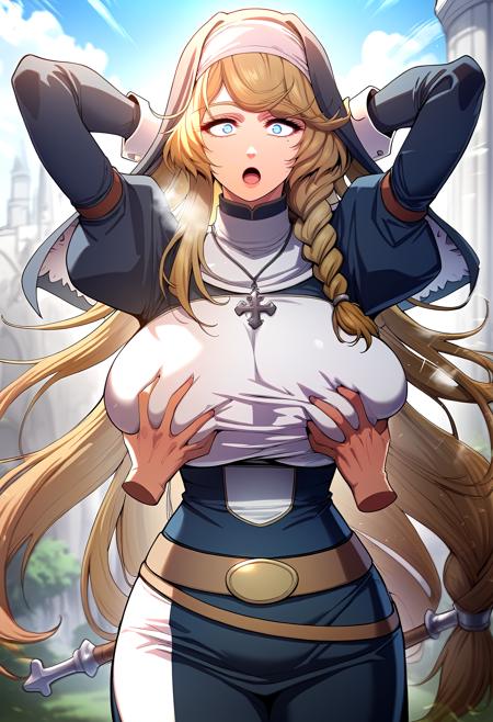 long hair, nun, blonde hair, habit, bangs, single braid, blue eyes, mole under eye, very long hair, cross necklace jewelry, puffy sleeves, juliet sleeves, long sleeves, belt