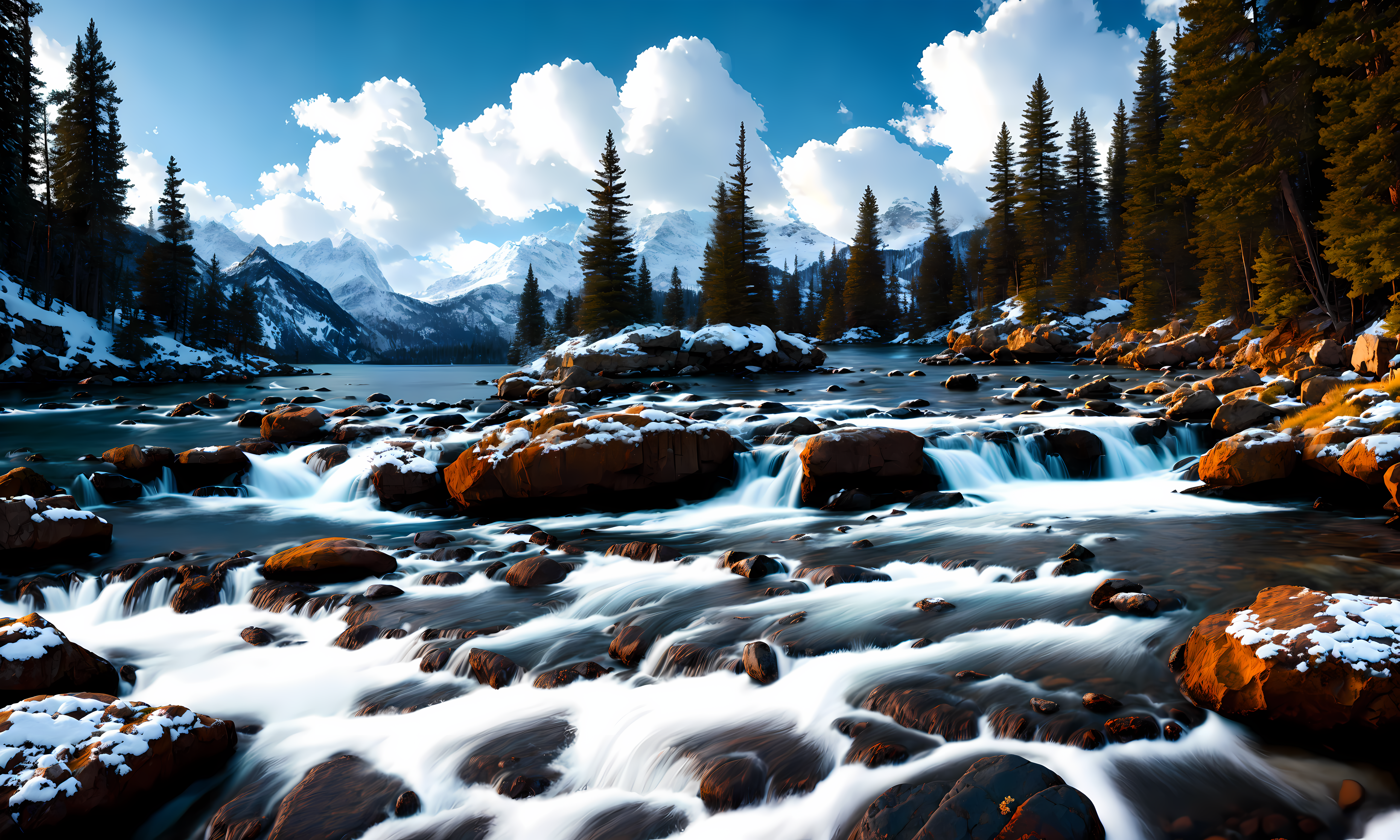 a photo of photorealistic environment of winter scene, rocks, trees, rocks and water, and clouds in the skly, tk_env , hig...