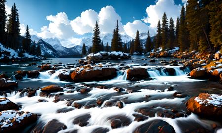 a photo of photorealistic environment of winter scene, rocks, trees, rocks and water, and clouds in the skly, tk_env , highly detailed,award winning image, 16k