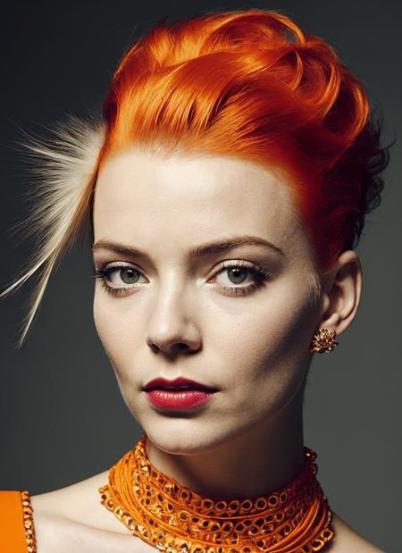 <lora:lora_anya_v1_from_v2_160:1> close up, portrait of zwx woman by Flora Borsi, style by Flora Borsi, bold, bright colours, orange Mohawk haircut, ((Flora Borsi))