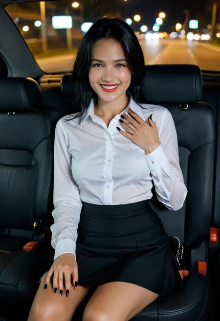 score_9, score_8_up, score_7_up, BREAK, GLSHS, 1girl, solo, black hair, shirt, white shirt, sitting, black nails, long sleeves, black skirt, skirt, parted lips, nail polish, smile, in the car, night, shirt lift, nipples, small breasts
