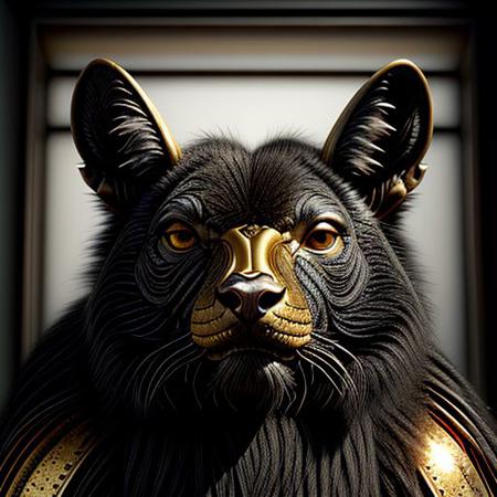 OverallDetail, rim light, gl0ssy_vray_8k, Extremely intricate, epic background, gigantic, masterpiece, 8k resolution, otherworldy animal, amazing, different angles, front view, faraway view, from below, matte black, gilding fur, goldy animal