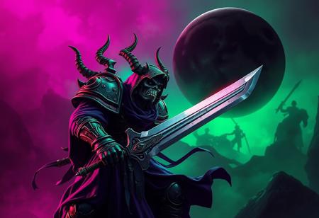 "Create a highly detailed, lifelike image of an epic Chaos Marine with a sword, inspired by the end times and the unholy abomination known as the Antipodeans. Utilize a dramatic pink and green lighting, with a giant black moon looming in the background. The Marine should be adorned in dark purple robes, fitting for an Instagram influencer. Ensure the image is HD quality and follows the golden ratio for optimal aesthetics. Perfect for a store website or display on ArtStation and CG Society."