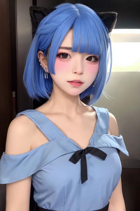 1girl, <lora:MYXHS_v1:0.65>,upper body,cat ears,blush,looking at viewer, bare shoulders,hair ornament,  blue hair, black eyes, jewelry, bangs, looking at viewer, earrings,(serafuku, )