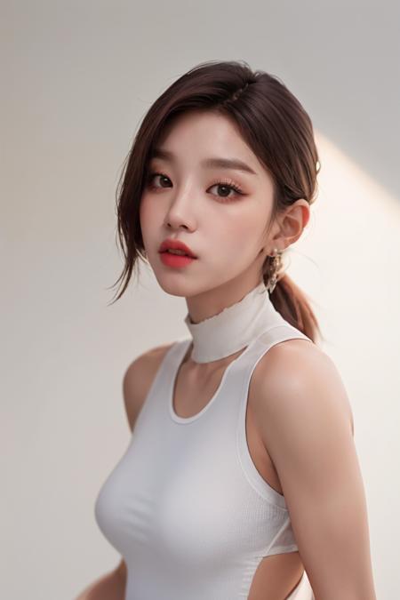 (masterpiece,best quality,realistic:1.3),1girl,solo,upper_body,sleeveless_shirt,bare_shoulders,(white_background,simple_background:1.3), (ulzzang-6500-v1.1:0.3), yuqi,<lora:yuqi_nv:0.7>