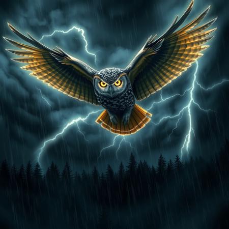 An intense scene of an owl with glowing eyes soaring through a stormy sky, lightning illuminating its wings as it watches over a dark forest below, embodying a sense of strength, wisdom, and control over nature, surrounded by swirling clouds and rain, dark and powerful.