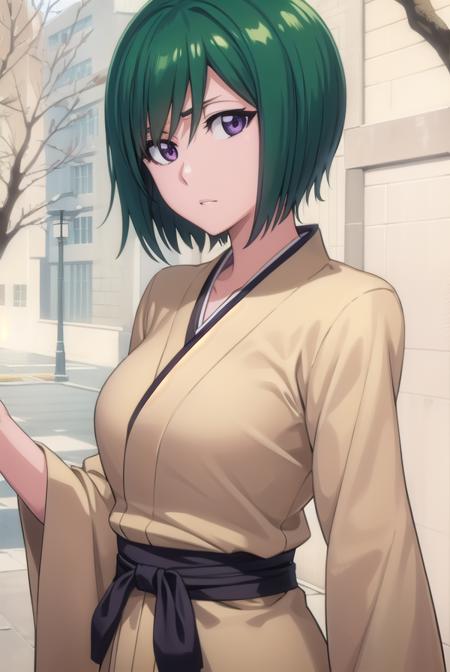 nozomi, short hair, green hair, (purple eyes:1.1), nozomidefault, thighhighs, school uniform, black thighhighs, sailor collar, zettai ryouiki, cardigan, nozomishinigami, japanese clothes, kimono, hakama, black kimono, black hakama,