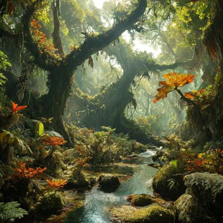 a realistic dense, prehistoric jungle teeming with life, where towering trees with gnarled trunks and oversized leaves create a lush canopy overhead. Shafts of sunlight illuminate patches of colourful plants and lichen. Strange creatures can be seen flitting between the branches. A stream winds through the jungle, its waters reflecting the rich vibrant colours of this amazing jungle