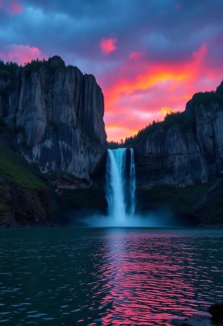 A breathtaking waterfall cascading from a rugged cliff into a serene lake, surrounded by majestic mountains, vibrant sunset colors reflecting in the water, ethereal atmosphere, high detail, soft lighting