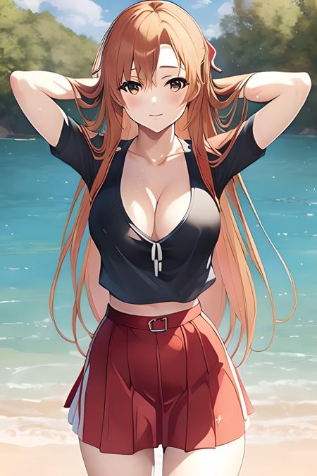 ((masterpiece)), ((best quality)), (slender_body:1.1), (wide_hips:1.2), (narrow_waist:1.2),
Asuna Yuuki, 1girl,  breasts, cleavage,  huge breasts, large breasts,  long hair, midriff, navel, outdoors, large boobs, orange hair, long hair, skirt, miniskirt, microskirt, nice ass, big boobs, realistic, ultra realistic, hyper realistic, real life, highly detailed, focused,
 <lora:downblouse-v1:0.6>  <lora:microskirt_v0.2:0.6> <lora:Asuna Yuuki 2:1>