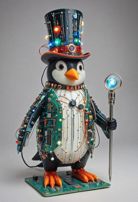 embedding:lazmpos, Transistors, pcb_style, LED, colorful LED lights, RGB lights, red green and blue penguin, art deco, top hat, cane, monocle,RetroBG