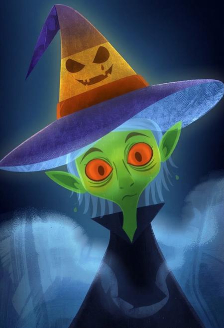 cartoon drawing, whimsical illustration,

a witch with green skin, wearing a talking witch hat. The hat has an evil face with a stitched mouth. A living witch hat is adorned as the witches face lights up within the darkness and fog surrounding her, creating a surreal and spooky effect, reminiscent of Halloween. An upper body portrait, with dark lighting accentuating the creepiness of the atmosphere