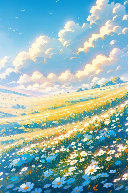 flower, outdoors, field, scenery, orange flower, tree, grass, building, flower field, sky, no humans<lora:Flower field_20230729165144:0.7>