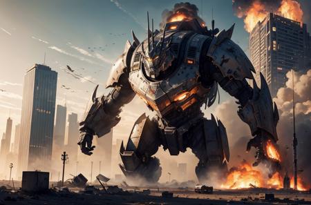 masterpiece, best quality, absurdres, perfect anatomy, 4k, official wallpaper, 
giant Armored machine creature , canon Armored, cityscape, broken building, dust,  conflagration, firing
