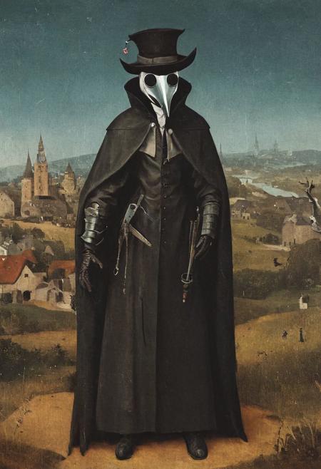 Bosch painting, Plague Doctor, cyberpunk style