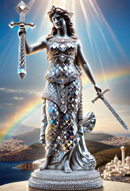masterpiece, best quality, amazing quality, very aesthetic, absurdres, diamondMW, countless diamonds,
landscape, female goddess statue made of diamond, transparent, holding diamond sword, greeksandals, sandals, rainbows, refraction, porcelain skin, stoic expression, dynamic angle, unique perspective