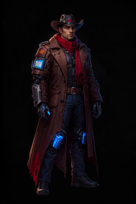 cyberpunk cowboy, mechanical arm, hat, multiple belts, dark long coat, red scarf, full body <lora:sxz-concept:0.7>