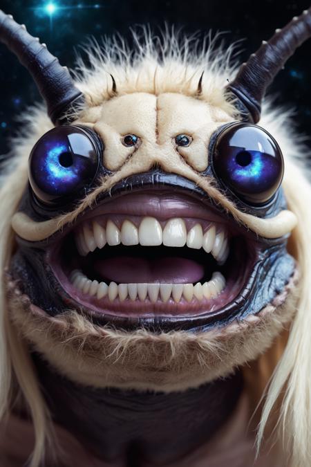 portrait of a beetle monster, human smile, human teeth,galaxy eyes, lips, blonde fur on head