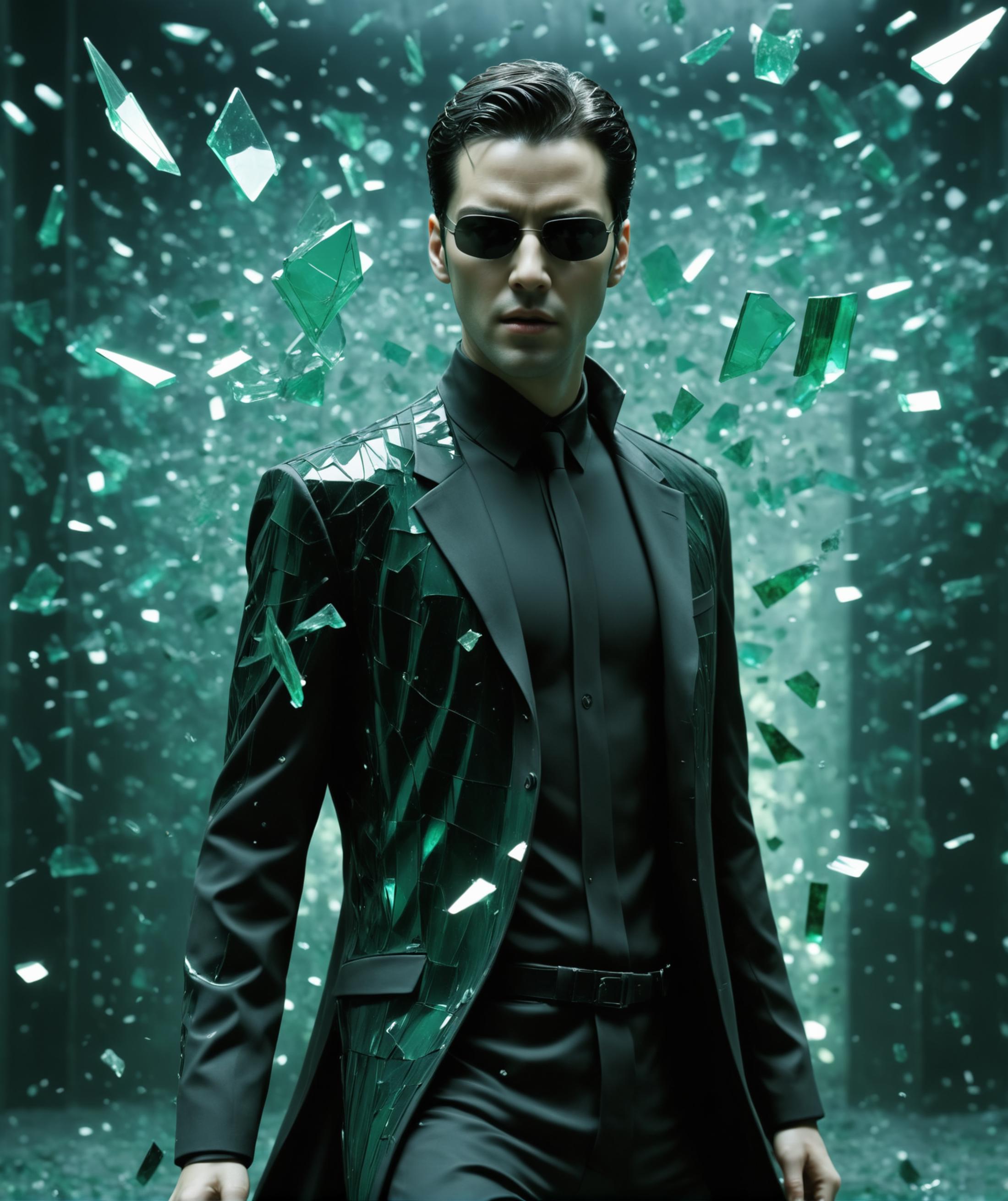 A man in a suit with green shards around him.