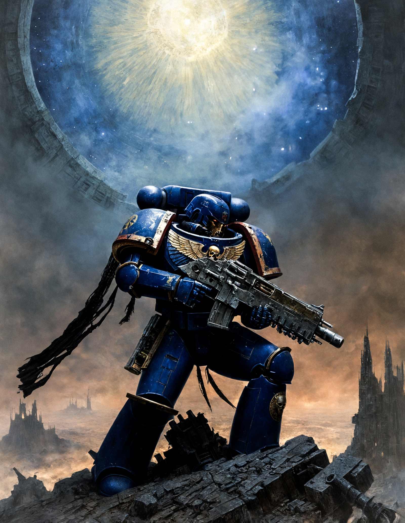 A futuristic sci-fi painting of a soldier holding a gun in front of a massive doorway.